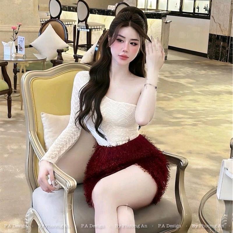 Set Váy Áo Ren Lệch Vai Chân Váy Lông Thỏ Tiểu Thư Siêu Xinh.Hàng Thiết Kế Nữ Women Dress chỉ giặt tay đỏ hồng vaydodonnoel 🎄  đỏ và hồng váy dự tiệc 0