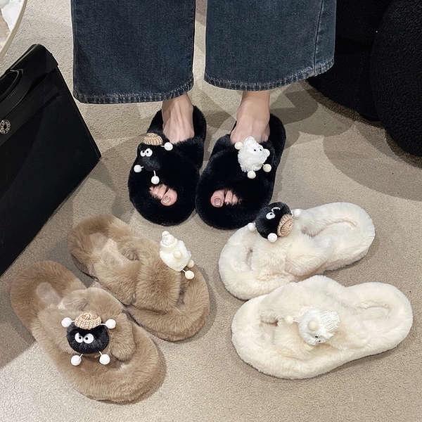 DÉP LÔNG BẢN CHÉO GẮN NHÂN VẬT BỒ HÓNG CUTE DéP Nữ Slipper Có Quai Women Nhung