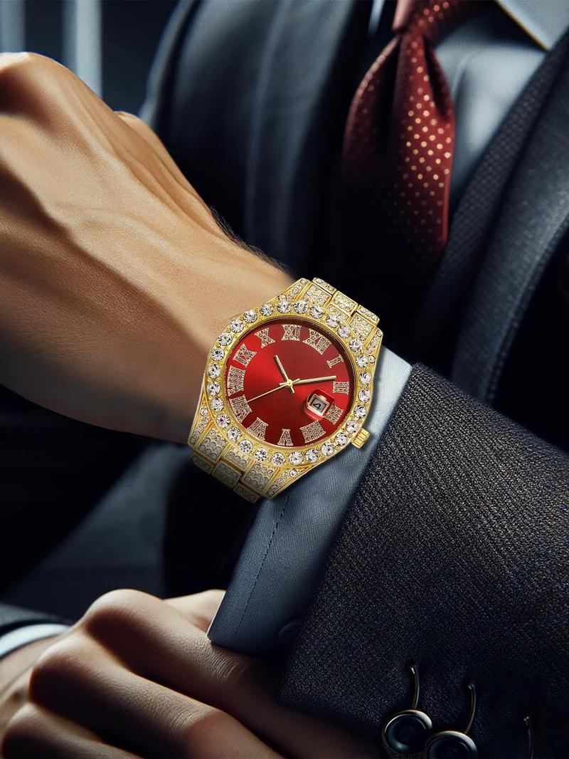 Product Introduction of Men's Luxury Rhinestone Decorated Analog Quartz Watch with Date Function, Fashion Watch for Party, Daily Decor, Trendy All-match & Exquisite Watch for Birthday Gift with Box 5
