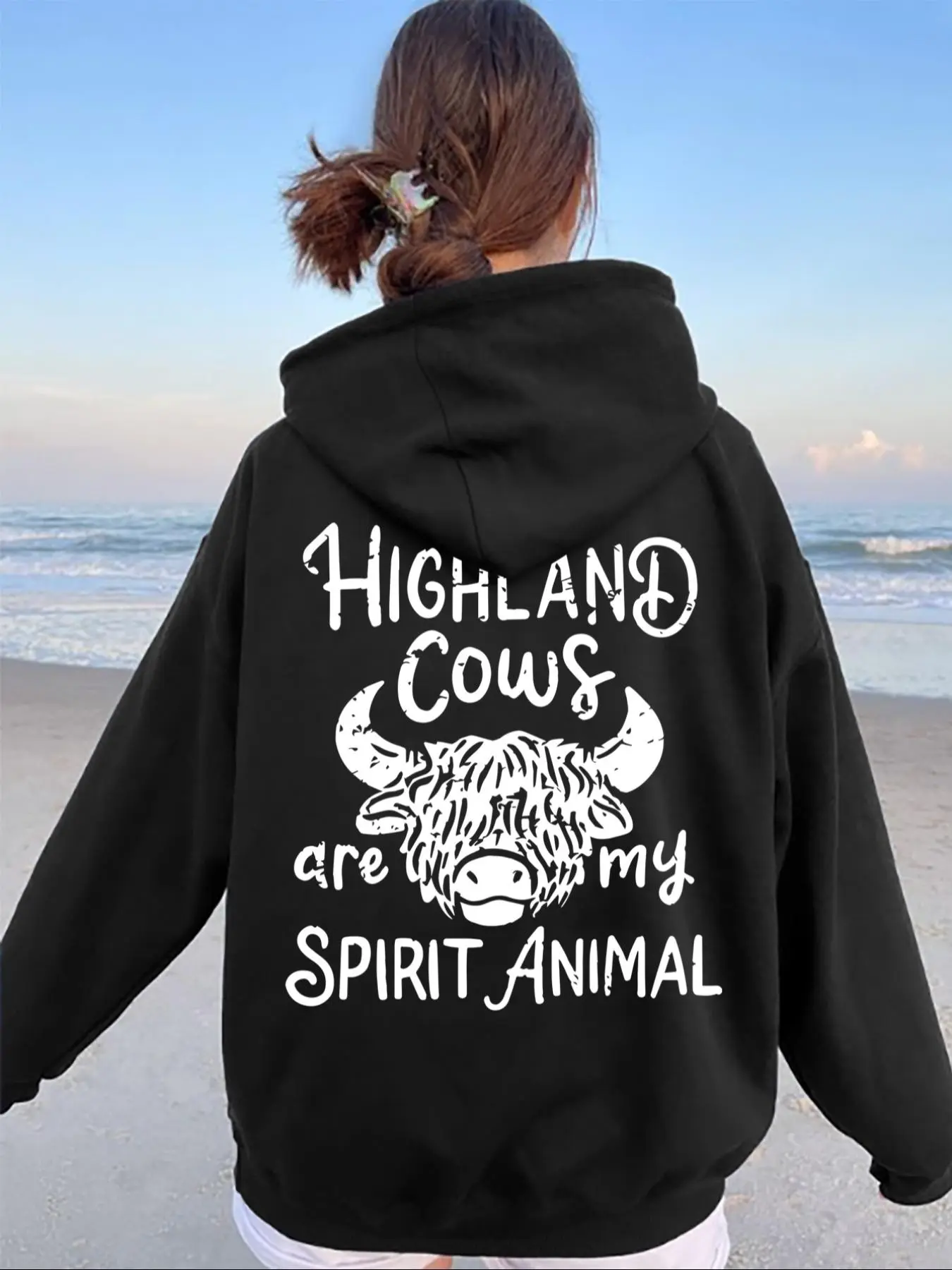 Women's Highland Cow Print Drop Shoulder Thermal Lined Hoodie, Fashion Casual Letter Print Hooded Sweatshirt for Daily Holiday Outdoor Wear, Women's Clothing for Fall & Winter