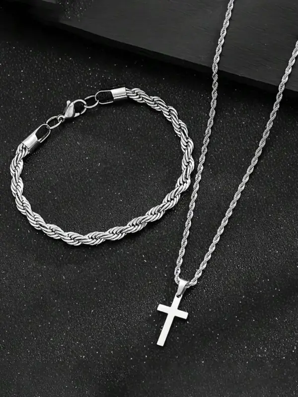 Cross Pendant Necklace & Twist Design Bracelet, Fashion Jewelry Set for Party, Daily Clothing Decor, Trendy All-match & Exquisite Jewelry for Birthday Gift 7