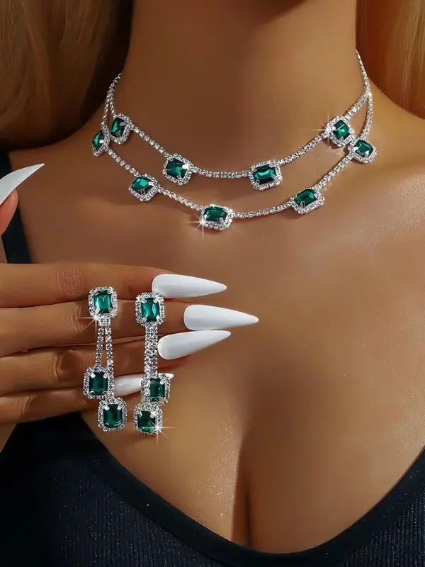 Women's Elegant Artificial Zircon Decorated Jewelry Set, Exquisite Trendy Pendant Necklace & Dangle Earrings, Chic Jewelry Set for Party & Daily Clothing Decor 0