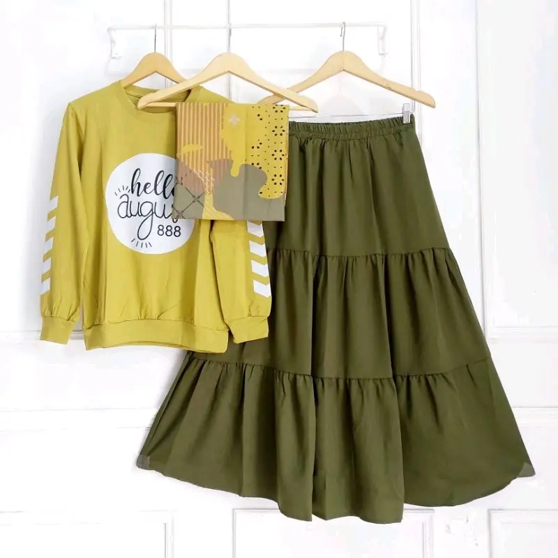 SETELAN ROK SUSUN REMAJA // 3IN1 SET ROK ANAK 12 TAHUN SAMPAI DEWASA // ROK PLISKET KAOS COMBED SET HIJAB VOAL