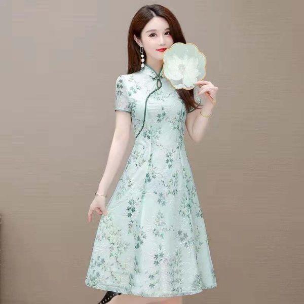 Váy Sườn Xám, Cỡ Lớn (150,00kg), Phong Cách Thanh Lịch Và Duyên Dáng, Dài Trung Bình Váy Hoa Xã Hội, Được Cải Tiến Vào Mùa Hè 1
