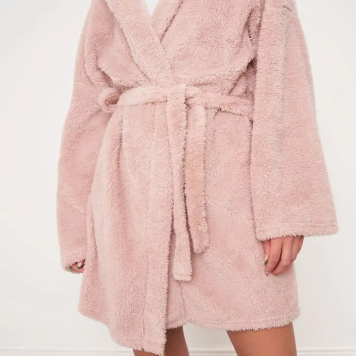 Fluffy Teddy Hooded Dressing Gown - Blush 2