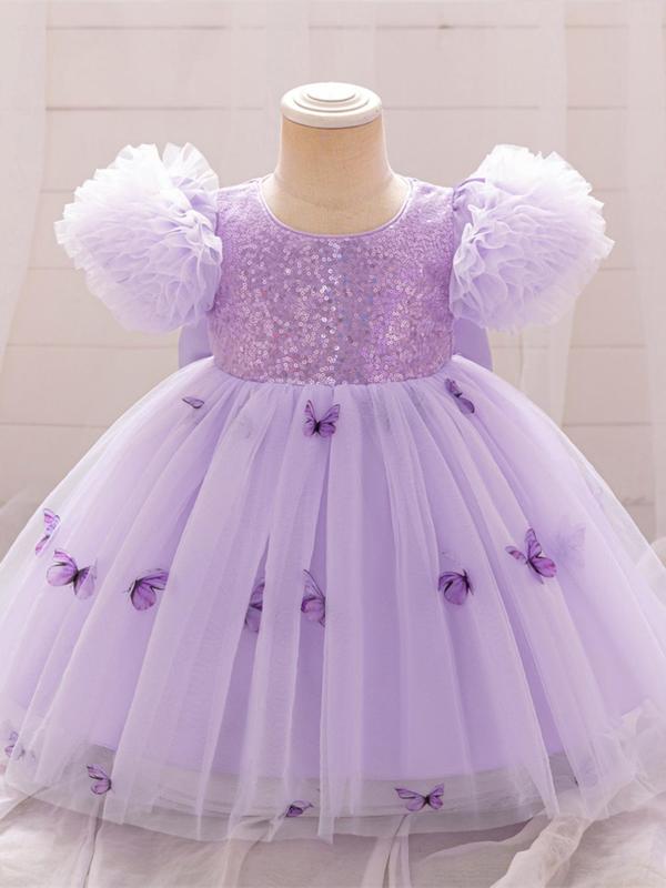 Butterfly Themed Bow Back Mesh Dress, Cute Puff Sleeve Contrast Sequin Tutu Dress for Party, Kids Clothes for All Seasons 3