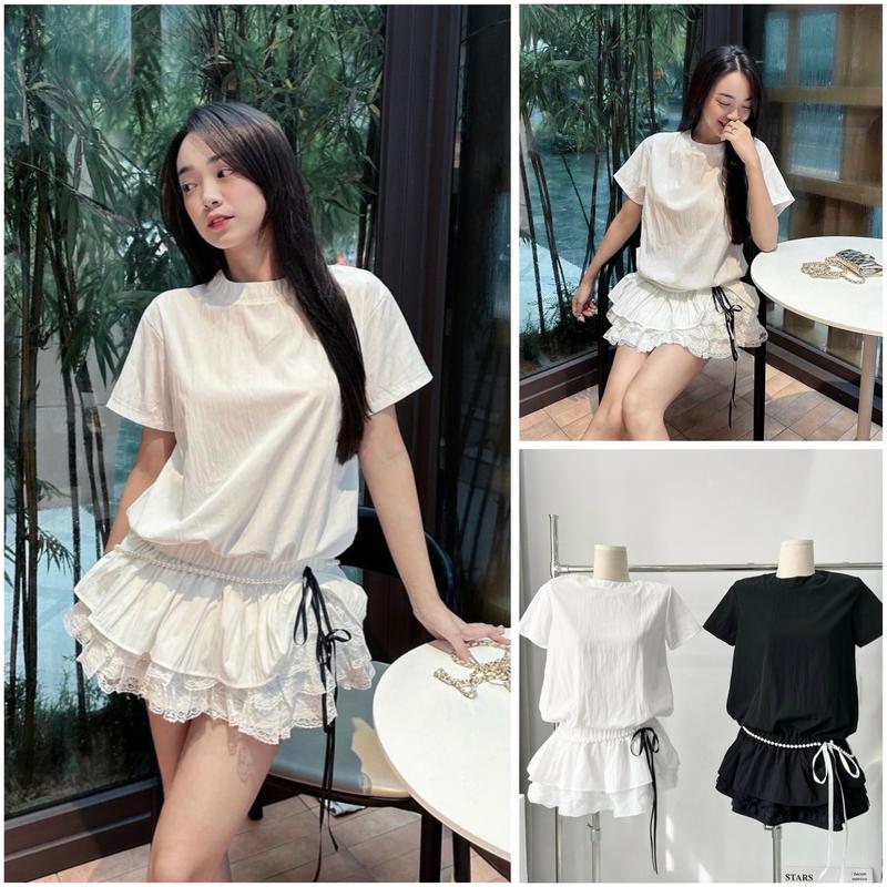 Sét áo cộc tay liền chân váy tầng xoè phối ren mix dây ngọc và dây thắt nơ xinh xắn Kem Women Nữ Top Sen