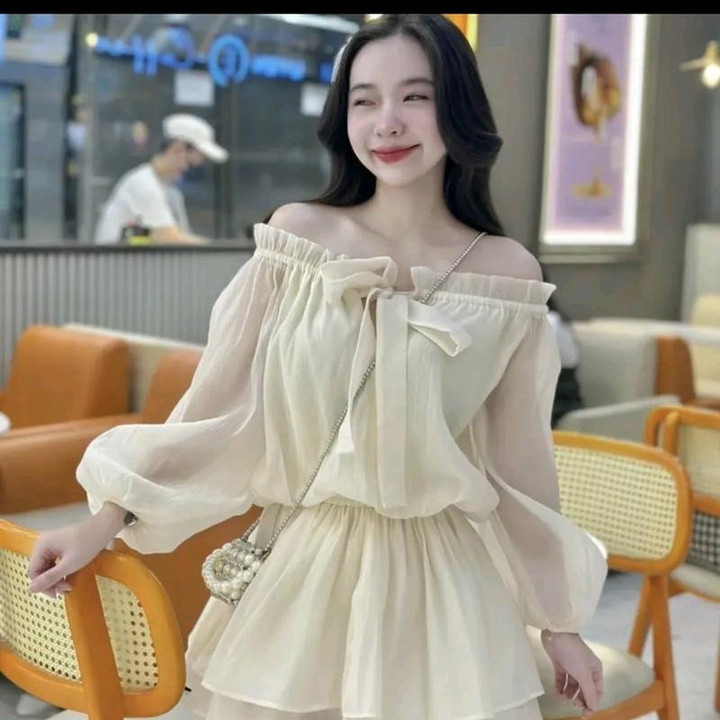 XẢ KHO Đầm Voan Trễ Vai Nơ Ngực Tay Bồng