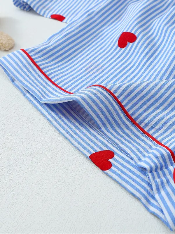 Women's Heart & Striped Print Short Sleeve Pajama Two-piece Set, Cute Casual Comfy Button Front Chest Pocket Design Lapel Neck Top & Elastic Waist Shorts PJ Set, Ladies Sleepwear for All Seasons 8