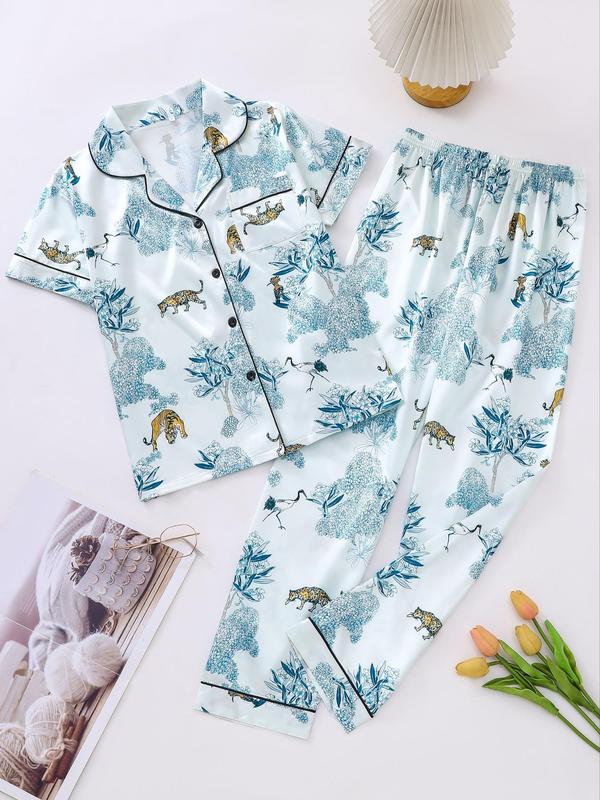 Two Counts Women's Lapel Shirt & Elastic Waist Pants Pyjamas Set, Pj Sets for Women, Casual Button Front Top & Trousers Loungewear Set, Pyjamas for Women, Lounge Set, Ladies Sleepwear for Summer, Hide Tummy Wear Uk, Pajamas, Womenswear 1