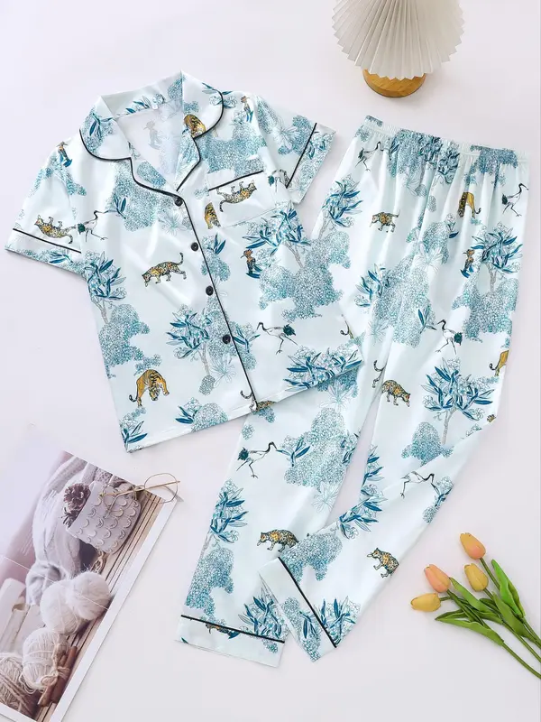 Two Counts Women's Lapel Shirt & Elastic Waist Pants Pyjamas Set, Pj Sets for Women, Casual Button Front Top & Trousers Loungewear Set, Pyjamas for Women, Lounge Set, Ladies Sleepwear for Summer, Hide Tummy Wear Uk, Pajamas, Womenswear, Clothes for Women 1