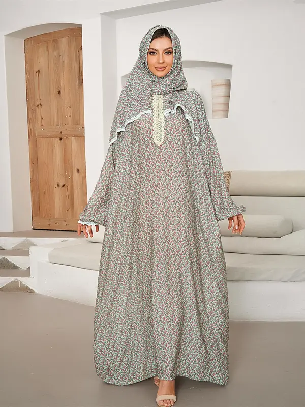 Women's Ditsy Floral Print Contrast Lace Prayer Dress with Integrated Hijab, Modest Elegant Batwing Sleeve Kaftan for Daily Wear, Ladies Islamic Clothing for All Seasons 3