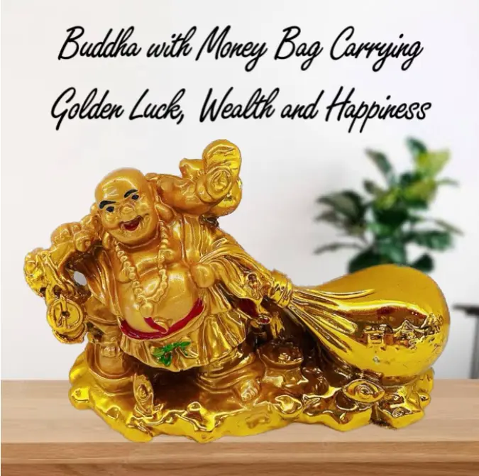 Fengshui Laughing Buddha with Money Bag Carrying Golden Luck, Wealth and Happiness