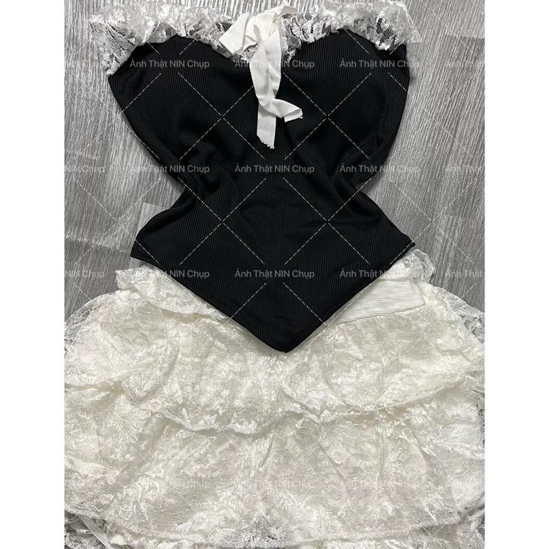 Set Nữ áo quây nơ ren và chân váy tầng ren sang chảnh, set sang chảnh đi tiệc, set sang chảnh đi đâm cưới, set áo và chân váy tầng (có kèm ảnh thật shop tự chụp) Nữ Kem Top Women Nhung 8