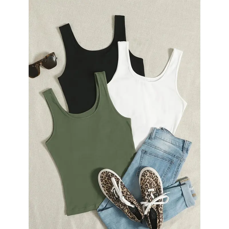 3-Pack Women'S Summer Tank Tops, Casual Sleeveless Knit Fabric Vests, 95% Polyester 5% Elastane, Solid Color, Versatile Collar Style for Layering