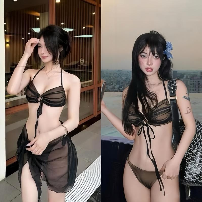 Bikini 3 Món Sexy ECHU Nâu Đen Huyền Bí, Chất Lưới Mềm Mịn Co Giãn Gồm Áo Bikini + Quần Con + Chân Váy Nữ 5
