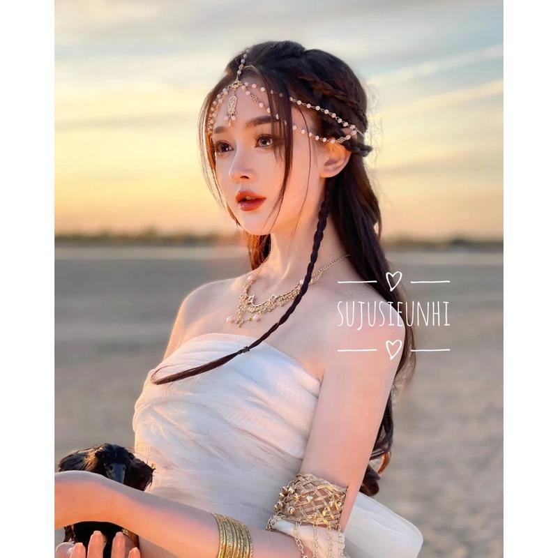 (Mẫu trắng) Vòng đội đầu kết hạt tua rua phong cách Tây Tạng, dây trang trí trán cosplay cô gái Mông Cổ 3