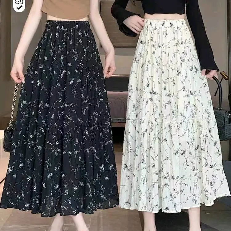 Chân váy hoa nhí , dáng xoè dài, cạp chun, voan nhăn Nữ Women