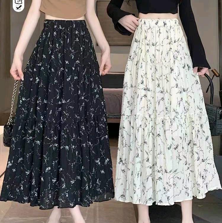 Chân váy hoa nhí , dáng xoè dài, cạp chun, voan nhăn Nữ Women