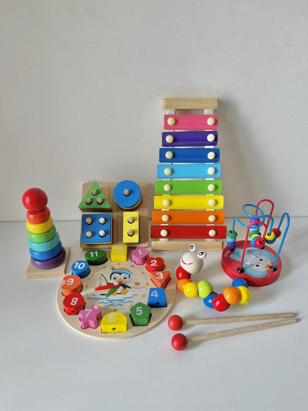 Combo 6 món gồm đàn, đồng hồ, thả cọc hình khối, sâu, tháp chồng, luồn hạt cho bé phát triển kỹ năng và tư duy cho bé từ 0 đến 6 tuổi Đồ Chơi sáng tạo nhựa đồ chơi âm thanh cho em bé trí tuệ mewtwo ghép hình