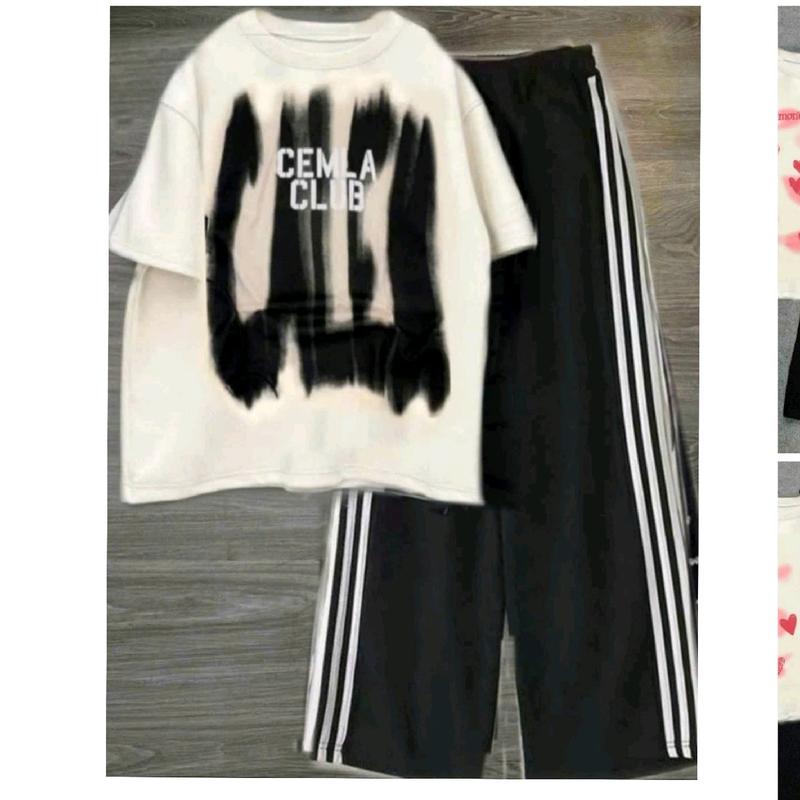 Sét bộ quần ống rộng viền rót thể thao + kèm áo phông loang phom rộng tay lỡ CEMLA phong cách Hàn quốc 0
