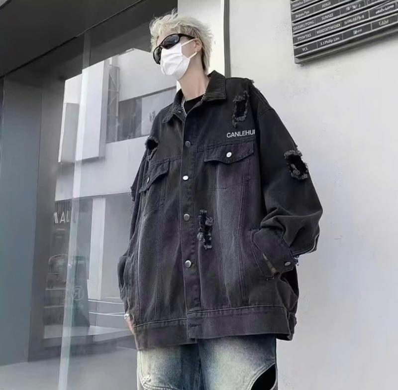 JEAGOVN Áo Khoác Jean Dành Cho Nam Nữ Thêu Túi Màu Đen detroit  jacket Nhung Menswear