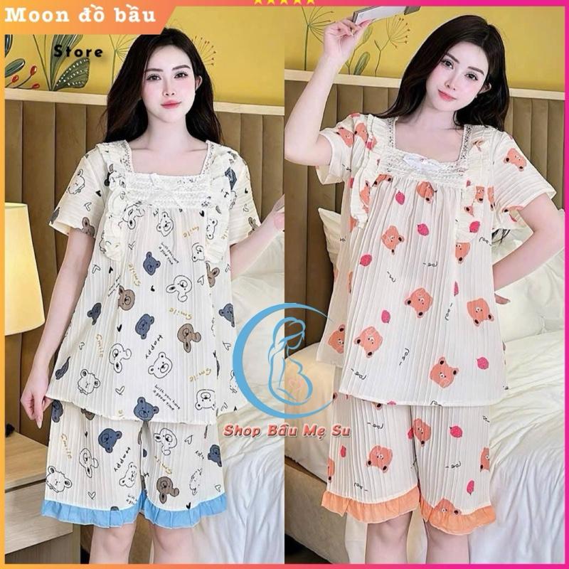  Combo 2 Bộ Bầu Hè  Bộ Bầu Đũi Gân lửng hoạ tiết xinh Trước và sau sinh thoải mai thoáng mát 