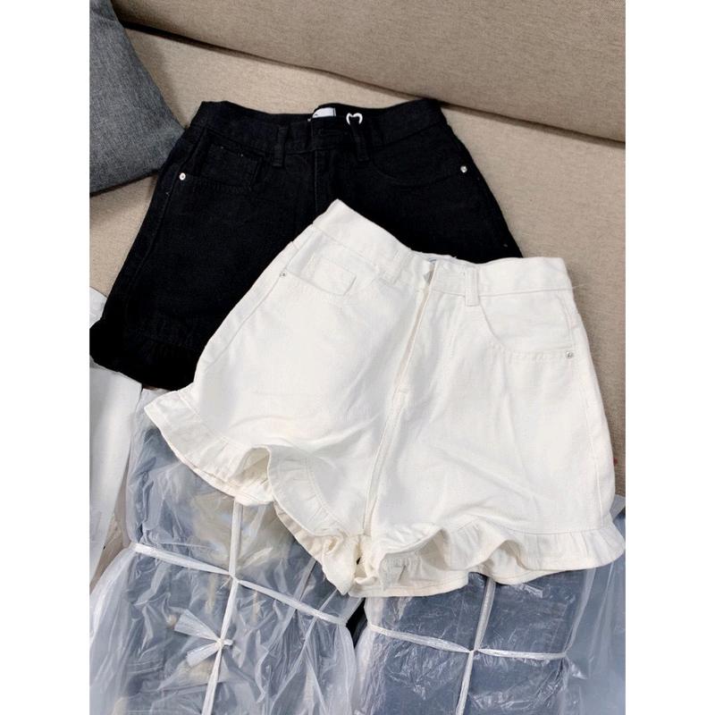 Quần  nữ kaki co giãn phối bèo 1 nút lưng cao - Nữ - Women, Pants quần mini  shorts Trắng Nhung