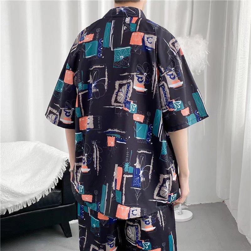 Short-sleepted men's fashion summer ice silk Free Shipping Hong kong-style Ruan Home wear half-pajama shirt loose floral shirt coat suit 4