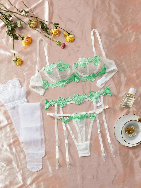 Women's Floral Lace Bra & Thong & Garter Belt & Stockings & Gloves Set, Sexy Comfy Breathable Lingerie Set for Women, Women's Underwear for All Seasons 7