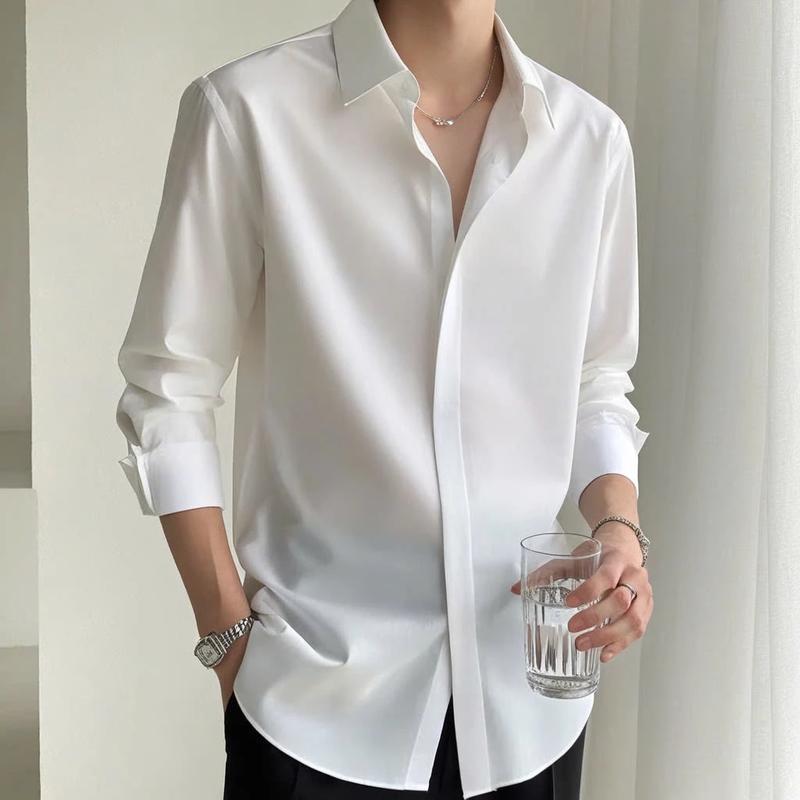 Áo sơ mi nam cổ V form rộng không nút trắng đen , sơ mi nam cổ vest dài tay vải lụa chống nhăn JBAGGY Menswear Shirt Nhung