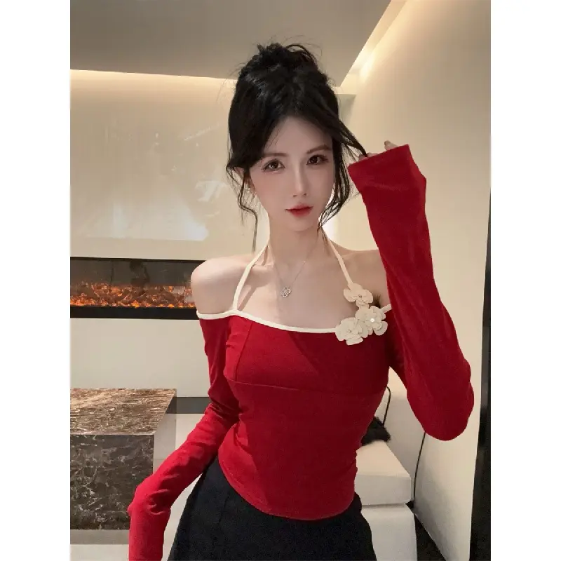 Áo Thun Dài Tay Cổ Điển Phong Cách Cô Gái Nóng Bỏng, Thiết Kế Hoa Trễ Vai Cổ Bẻ, Màu Tương Phản, Áo Lớp Nền Dáng Ôm Cho Nữ, Áo Không Dây Ngắn, Hàng Mới Về, Thích Hợp Cho Phong Cách Mỹ Độc Đáo Top Women Tay Loe