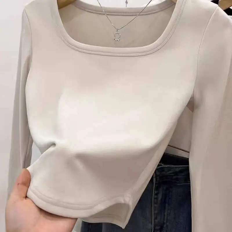 Quần Áo Nữ, Mẫu Mới, Phong Cách Pháp, Eo-Cinching, Vai Thông Thường De Rong Áo Phông Dài Tay, Thích Hợp Cho Mùa Xuân, Mùa Thu Và Mùa Đông, Có Thể Mặc Bên Trong, Cổ Vuông Và Cổ Chữ U, Mỏng Vừa Vặn, Áo Bó Sát 5