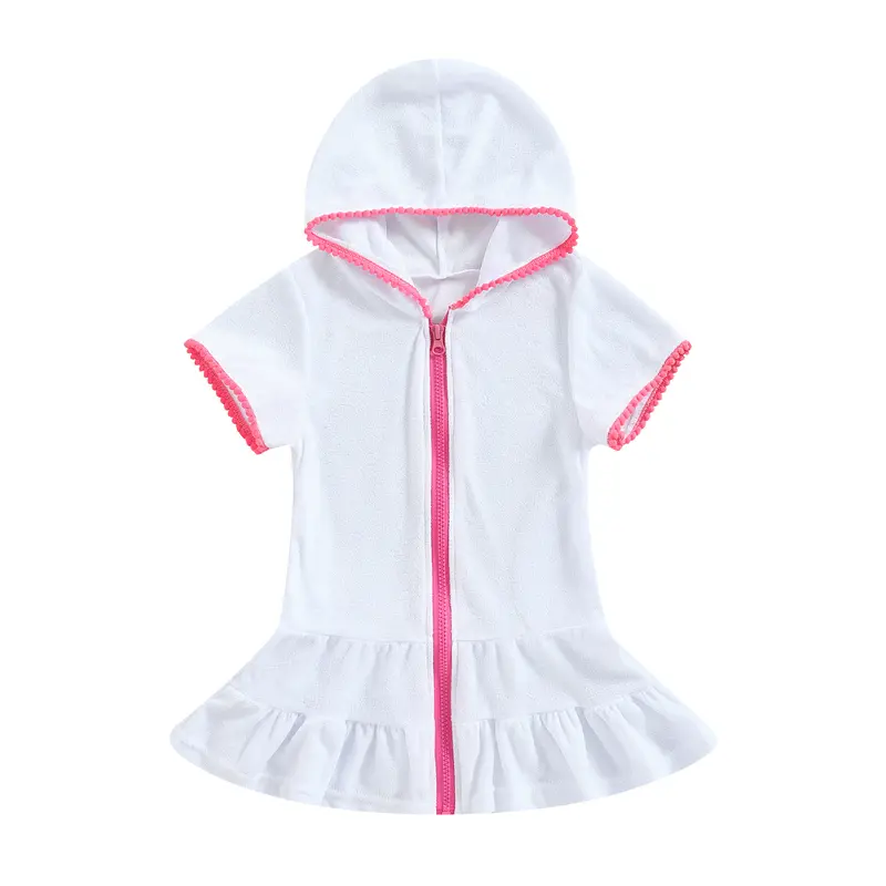 Váy Bơi Cho Bé Gái, 2-10 Tuổi, Bộ Đồ Tắm Terry, Che Mặt, Tay Ngắn, Zip Up, Váy Đi Biển Cho Trẻ Em 3
