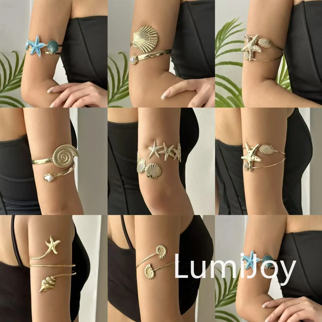 [LumiJoy] Gelang Lengan Wanita Emas Dapat Dibuka Tema Laut Bintang Laut Kerang dengan Hiasan Mutiara Palsu Modis Unik Trendy L161