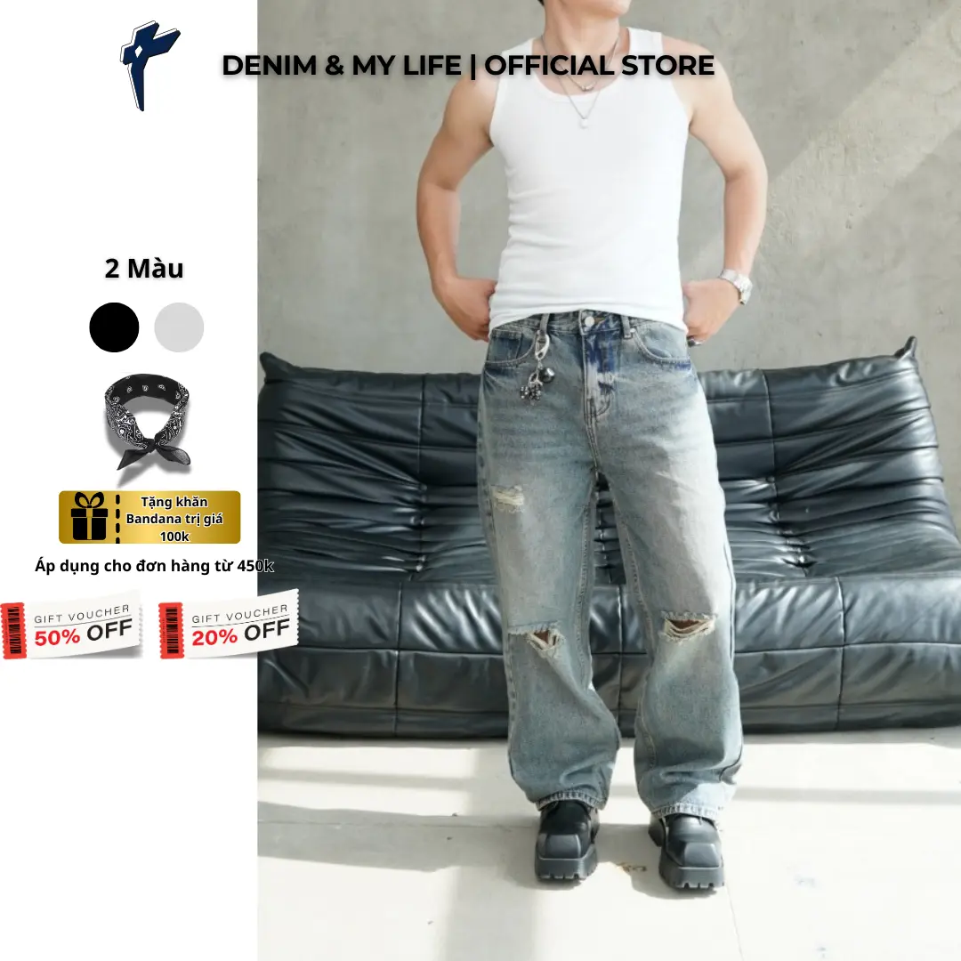 Quần Jeans Nam Xuông Denim Xám Rách Gối Menswear (QJ01)