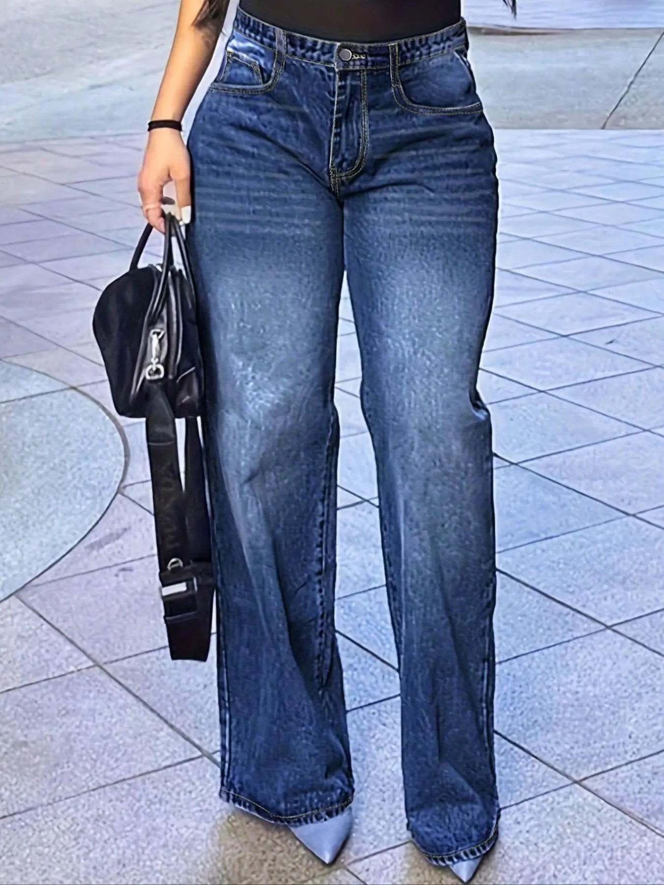 Women's Plain Pocket Wide Leg Jeans, Casual Street Comfy Denim Pants for Daily Wear, Jeans for Women, Ladies Bottoms for All Seasons