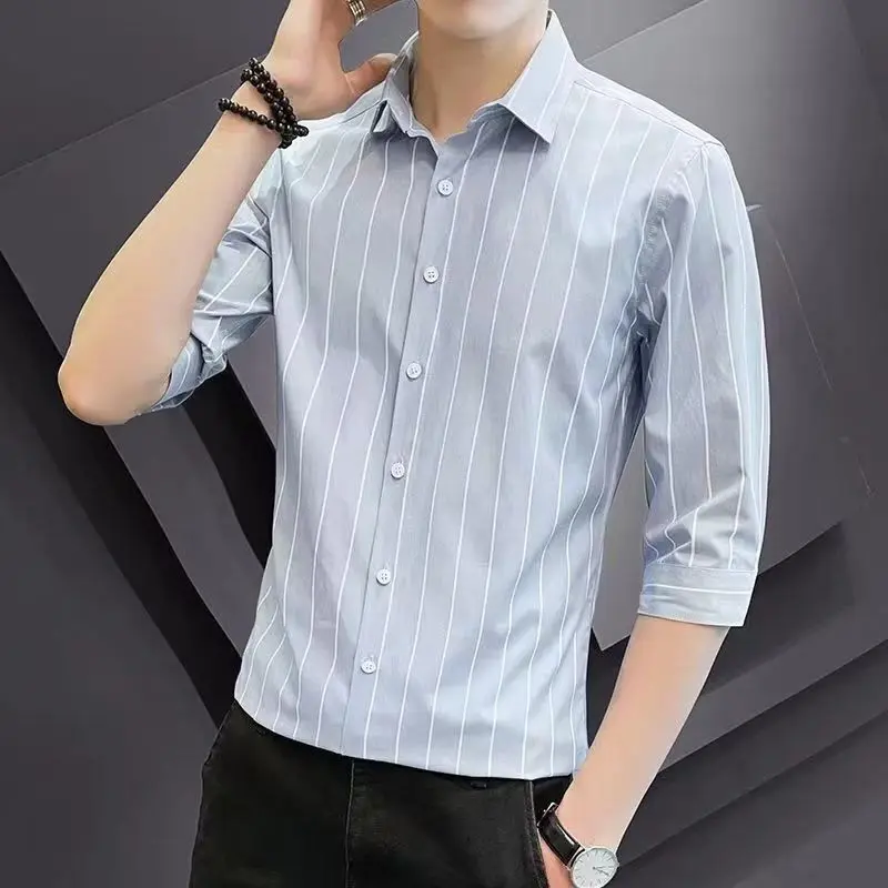Áo Sơ Mi Mùa Hè, Ngắn Tay Nam, Phong Cách Hàn Quốc, Ôm Sát, Sơ Mi Sọc, Tay Lỡ, Thời Trang, Đẹp Trai, Dễ Phối Đồ, Áo Sơ Mi Tay Lỡ Ba Phần Tư Thường Ngày 2