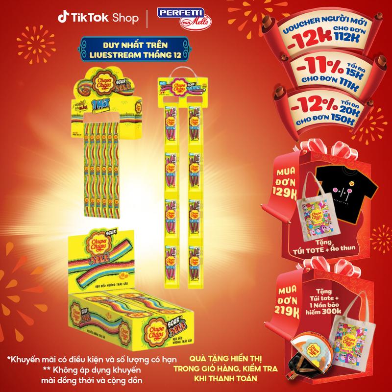  Kẹo dẻo vị chua Chupa Chups hương trái cây hỗn hợp và kẹo dẻo vị chua hình ống hương Dâu Cola 