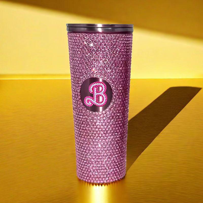 Product Introduction of Stainless steel cold drink cup, high-looking summer straw cup, lisa's same model with diamonds and diamond letter B water cup, thermos cup 3