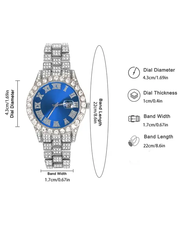 Men's Rhinestone Decorated Quartz Watch with Calendar Feature, Fashionable Round Dial Watch for Party, Daily Clothing Decor, Trendy All-match & Exquisite Watch for Birthday Gift with Box 1