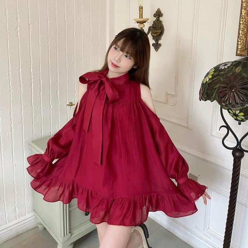 Váy đầm nữ dáng xòe baby doll cổ yếm cột nơ tay dài hở vai bo tay dễ thương Đẹp xinh