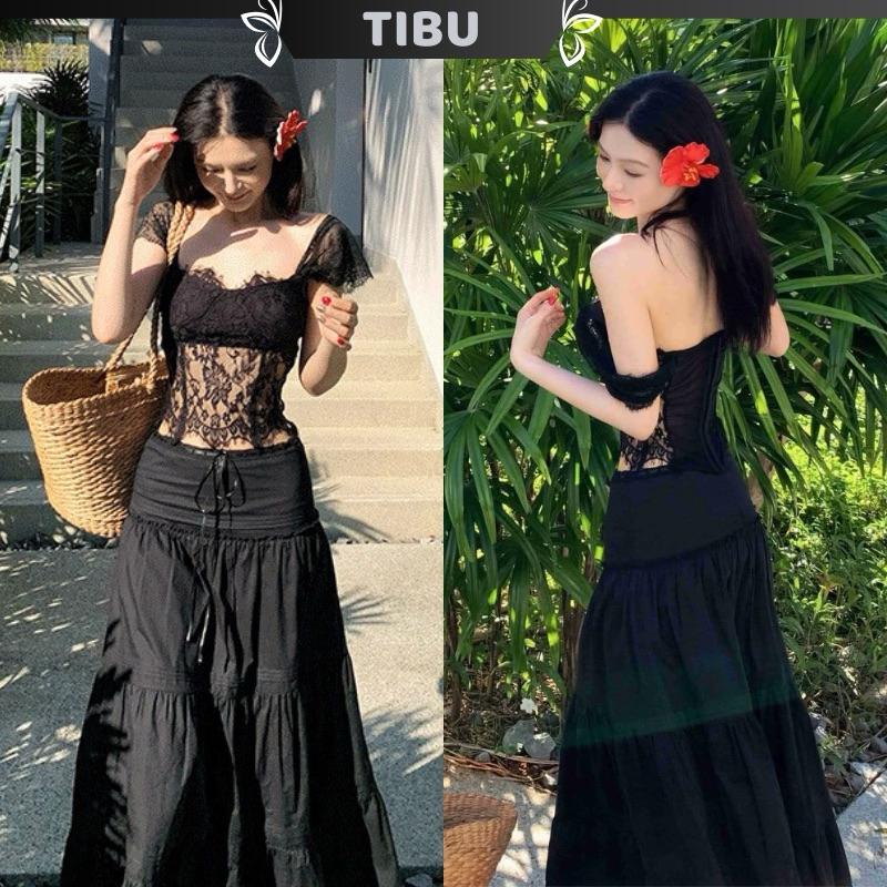  Set Áo Croptop Ren Cánh Tiên Phối Chân Váy Xoè Dài TIBU Set Đồ Nữ Tôn Dáng Sang Chảnh Đi Chơi Biển B408 