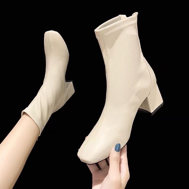 bốt nữ da 7cm phong cách hàn Ngang bắp chân Shoes GiàY Boot Cổ Cao