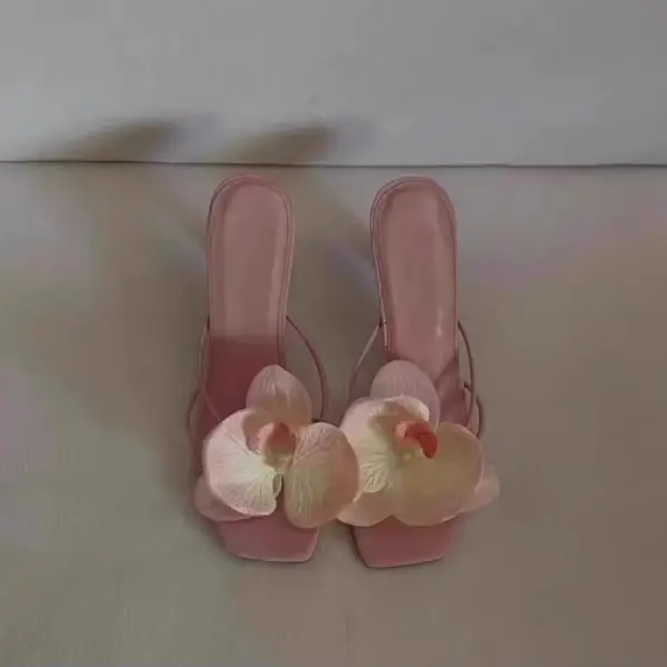 Soft Leather!! Thailand Niche Flower Sandals Women's 2024 New Stiletto Heel Satin Flip-Flops Outer Wear Half Slippers High Heels