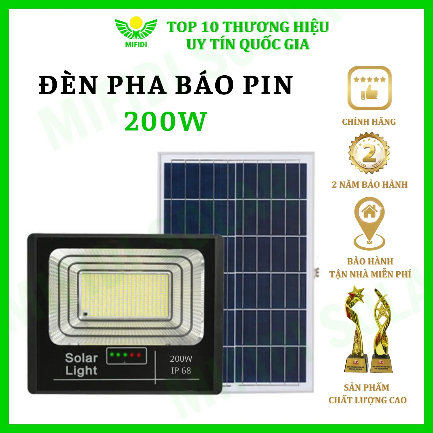 Đèn pha báo pin 200W sáng trắng năng lượng mặt trời chính hãng Mifidi Solar, sáng xuyên đêm, tấm pin lớn dung lượng pin khủng - BH 2 năm