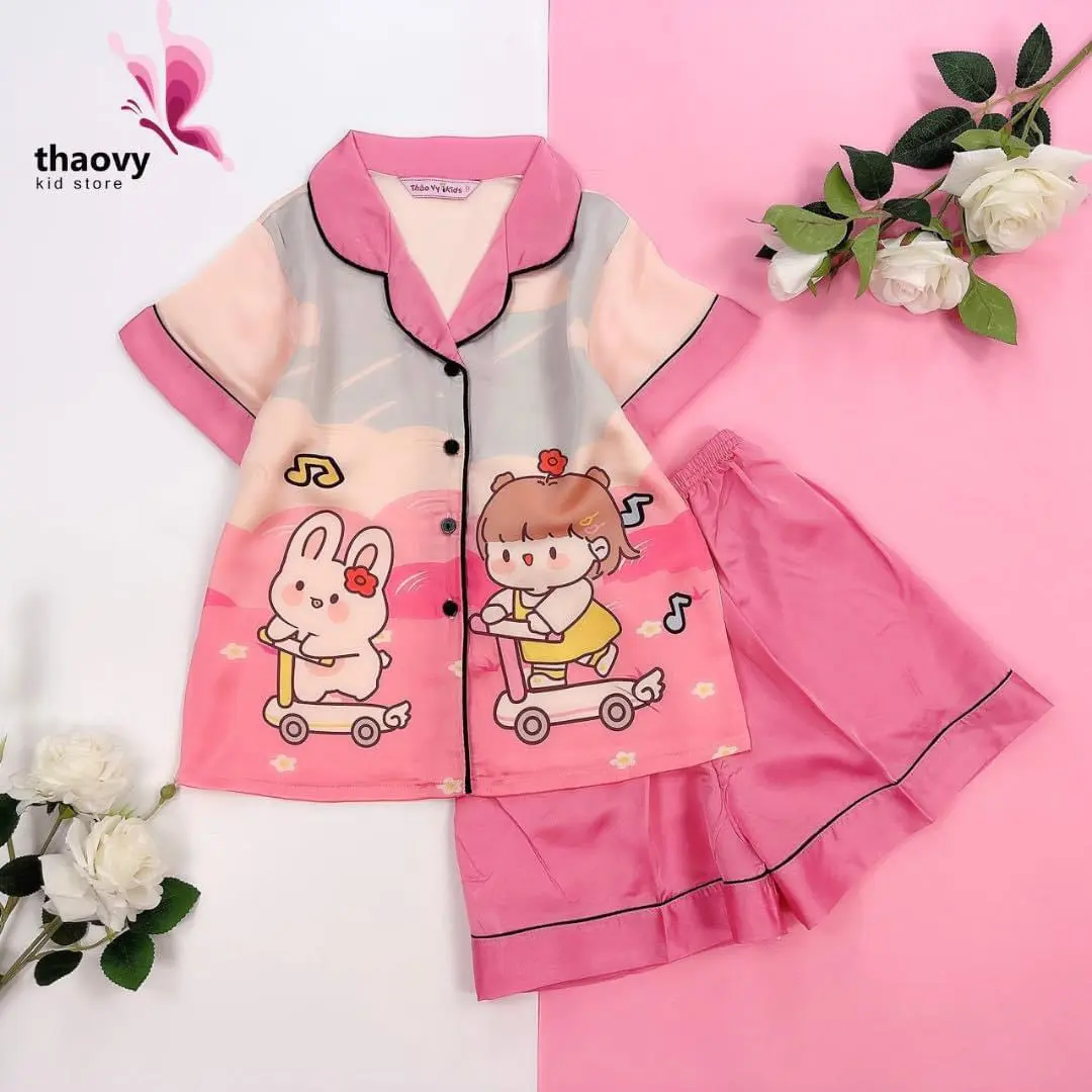 [10-57Kg] Bộ Pijama Hoa Tiết Bé và Thỏ Dài Vải Lụa Cao Cấp, Mềm Mịn Mát, Thấm Hút Mồ Hôi - ThaoVySleepwear - Xanh Rêu Đỏ Hồng Tím - Quần Áo Ngủ Pijama Nữ - Bé Gái - Bộ Ngủ Lụa Đồ Bộ Mặc Nhà Homewear Sleepwear Không Nhăn Co Giãn Không Xù Giặt Không Rút