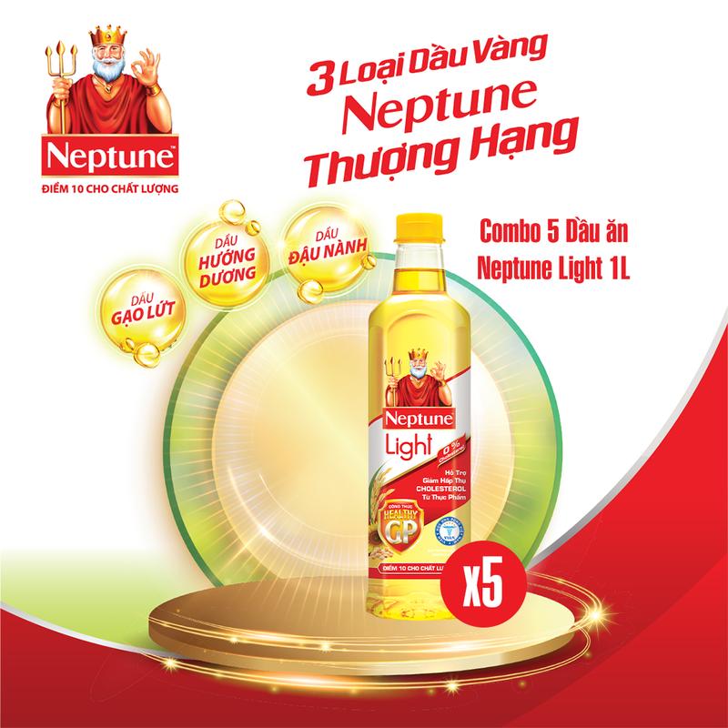 Combo 5 Dầu ăn thượng hạng Neptune Light 1L , hỗ trợ giảm hấp thụ Cholesterol từ thực phẩm, ngăn ngừa mỡ máu