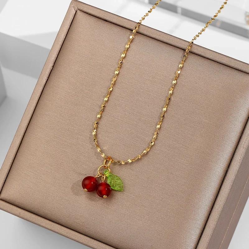 Product Introduction of Stainless Steel Cherry Necklace, Cute Bead Pendant Necklace, Ladies' Wedding Jewelry, Birthday Gift Necklace 7