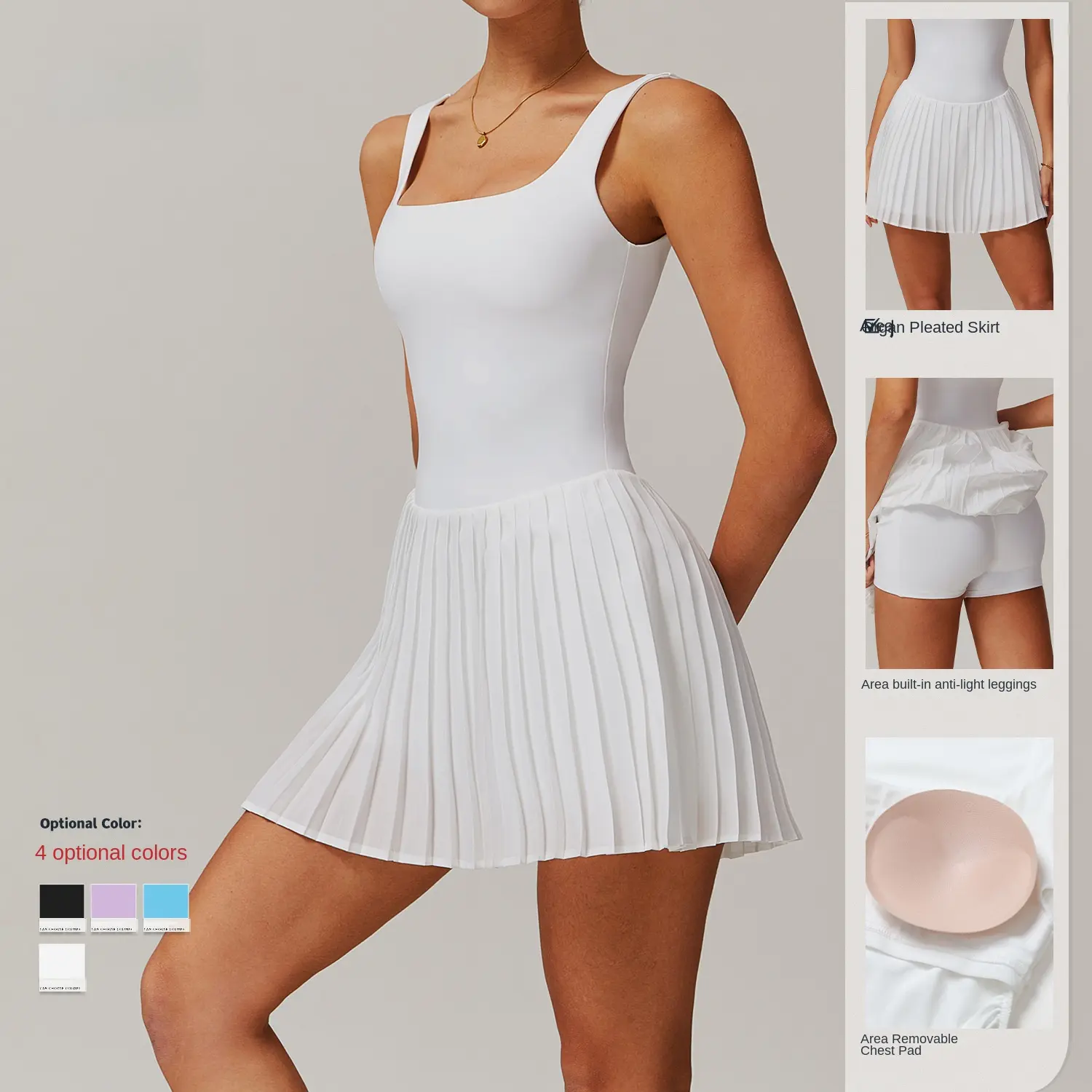 Women's pleated tennis skirt Built-in non-slip undershirt Square neck sleeveless top with convertible lining Available in 4 colors Snow-white, quick-drying fabric High-waisted design for dynamic workouts Gym sessions and casual street style